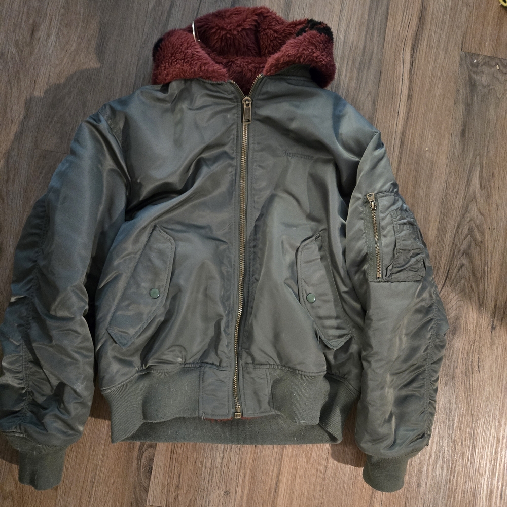 Supreme Faux Fur Reversible MA-1 'OliveMen's Green Bomber Jacket with Red Lining
